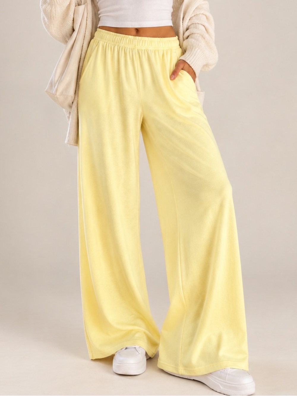 Yogalicious Modal Terry Wide Leg Pants Butter Yellow Soft Stretch Pockets NWT XS